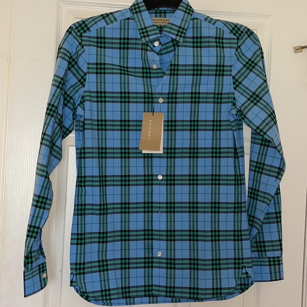 NWT Burberry Men’s Alexander Plaid Button-down Blue Topaz